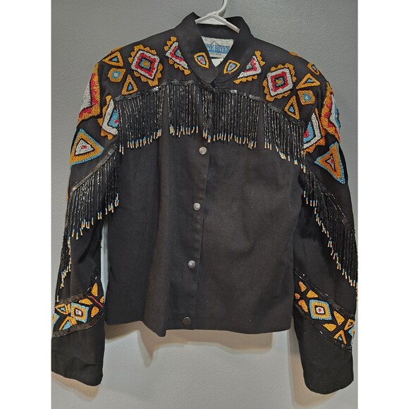 Stone River Western Wear Medium Beaded Fringe Black Snap Front Jacket - Picture 1 of 12